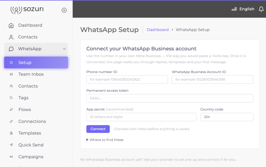 WhatsApp Setup on Sozuri: the form to connect your own WhatsApp Business account