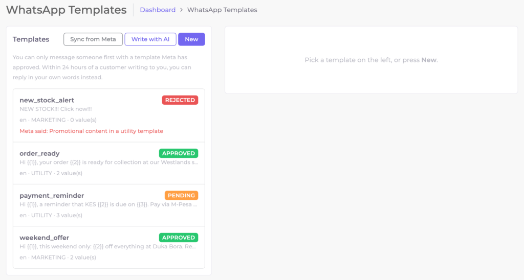 WhatsApp templates on Sozuri, each with Meta's answer: approved, pending or rejected